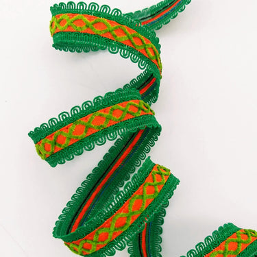 Orange Cotton Fabric Lace Trim with Green Thread Embroidery, Trim By 3 Yards, Craft Decorative Ribbon
